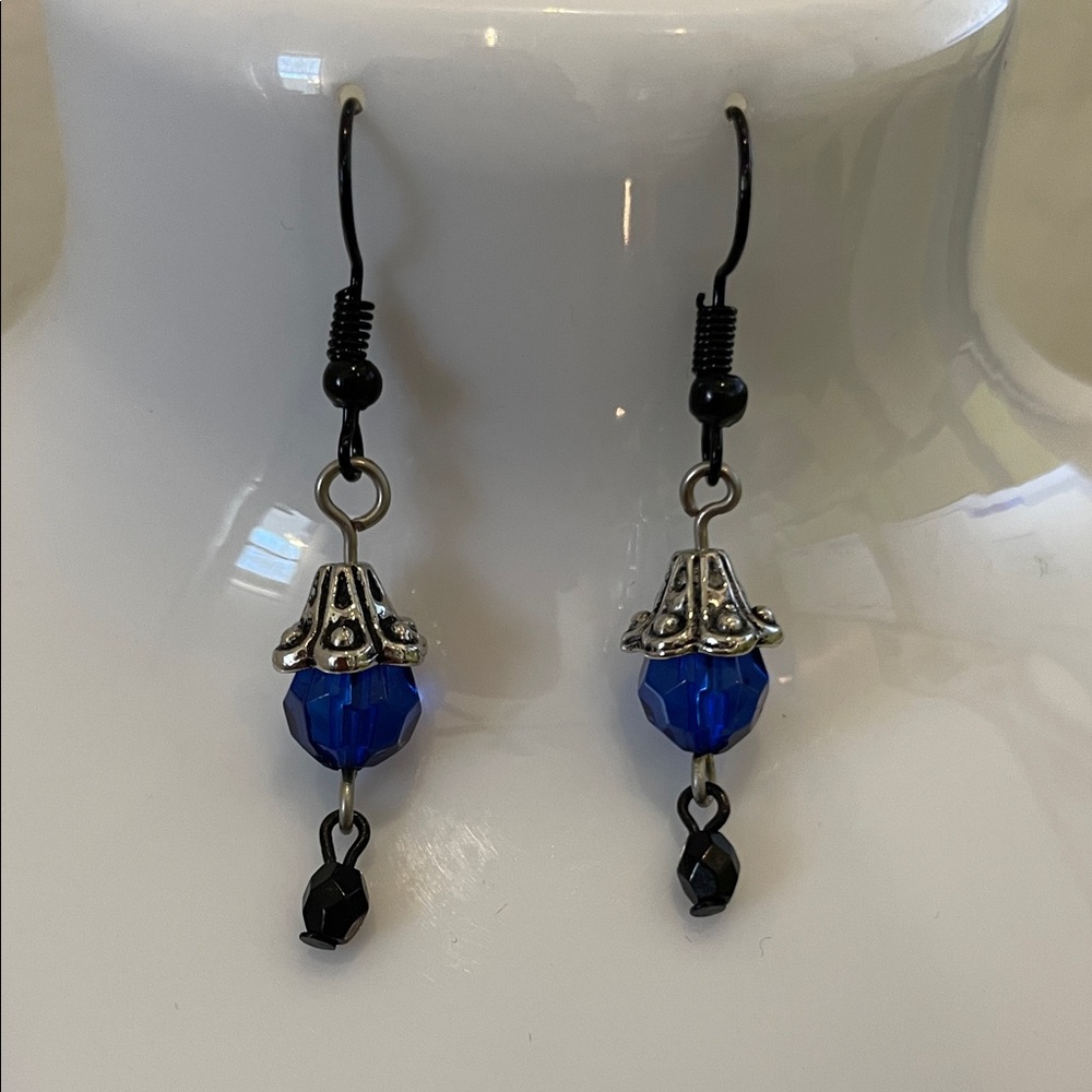 Elegant Blue and Black Beaded Earrings